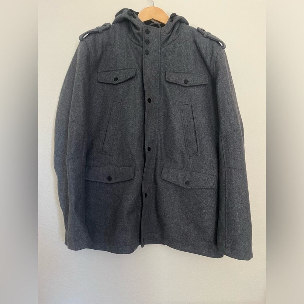 Guess Light Grey Wool Blend Men's Military-Style Hooded Winter Coat Sz XXL